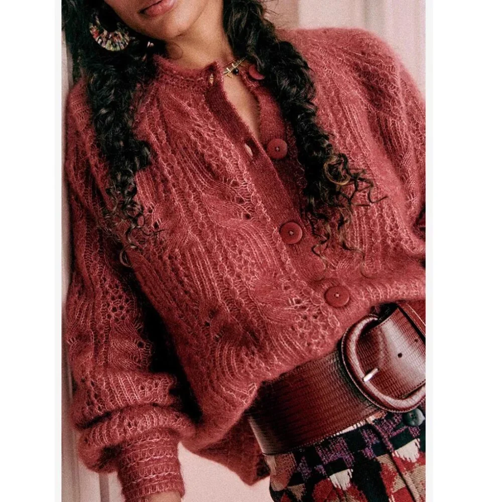 BEST Sezane Alma Cardigan Small Rosewood Pink Kid Mohair Sweater Knit French - Picture 3 of 11